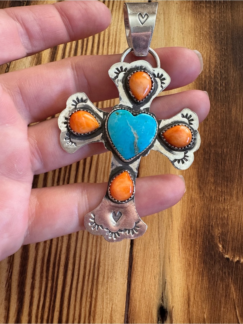 Sterling Cross Pendant with Turquoise Heart and Orange Spiny Accents - Picture 6 of 7